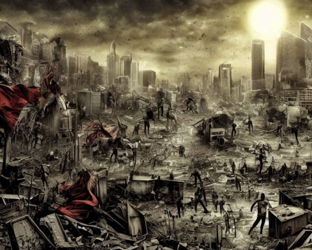 Desolate post-apocalyptic cityscape with debris and survivors.