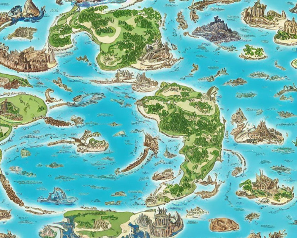 Fantasy map with colorful islands and structures in vast ocean