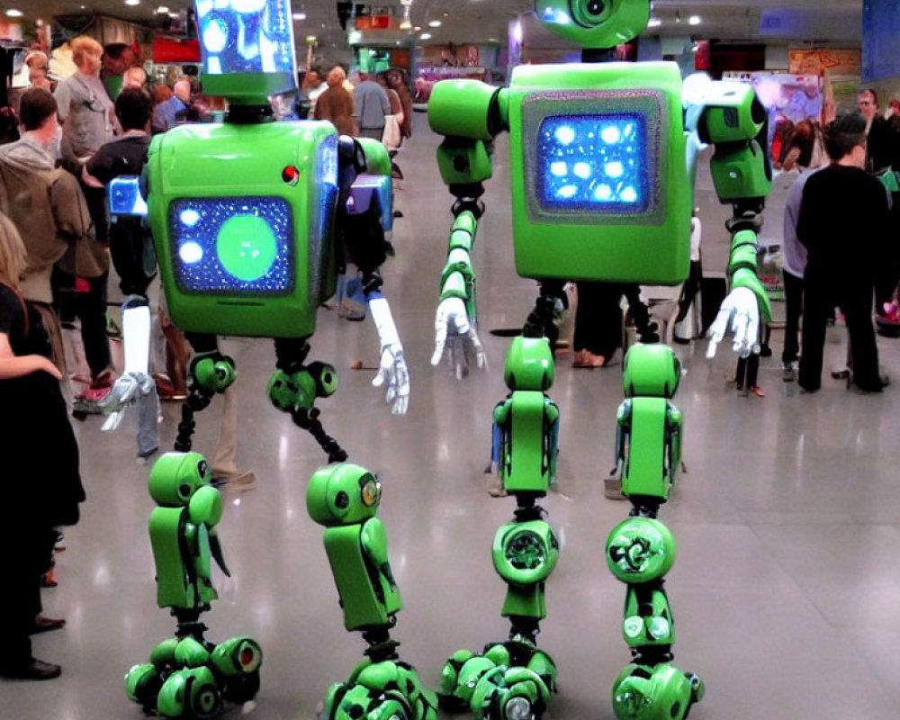 Green Robots with Digital Faces and Segmented Limbs Displayed in Crowded Room