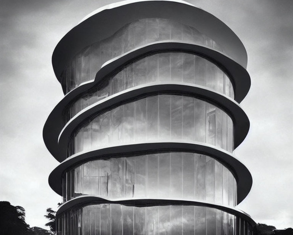 Modern multi-tiered cylindrical building in black and white with reflective glass facade and trees under cloudy sky