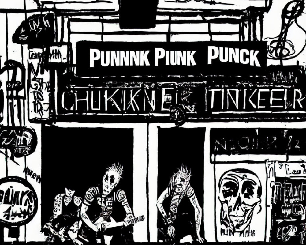 Monochrome punk scene with musicians, graffiti, and underground feel