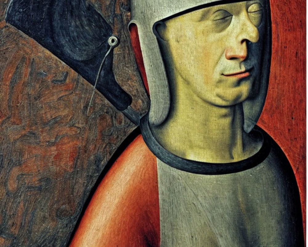 Medieval helmet-wearing man on textured background