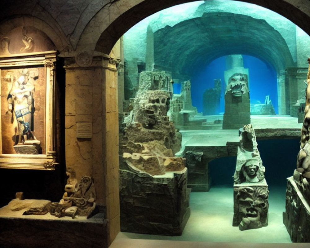 Subterranean Archaeological Site with Illuminated Ruins and Historical Artifacts