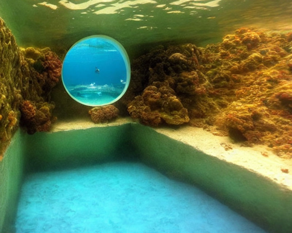 Circular window frames diver in clear blue tropical waters