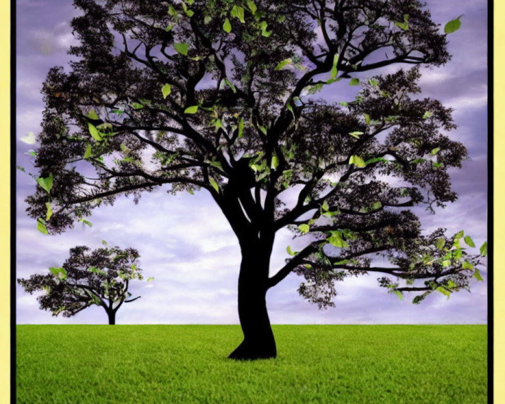 Majestic tree with thick trunk and lush green canopy in grassy field under purple sky