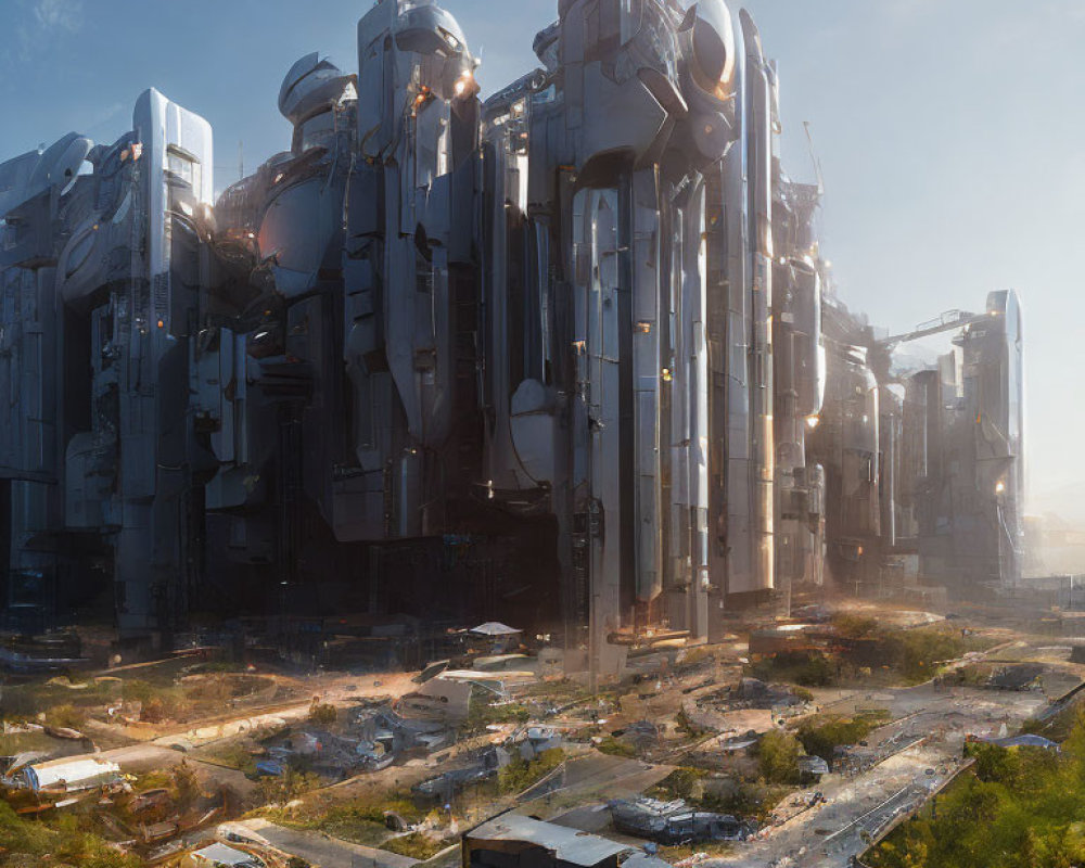 Futuristic industrial landscape with towering structures and dilapidated buildings.