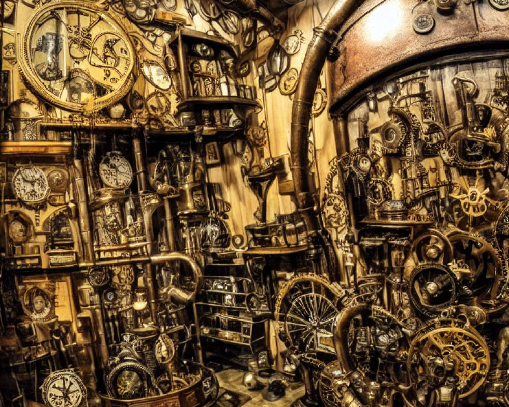 Detailed Steampunk-Themed Room with Clocks, Gears, and Pipes