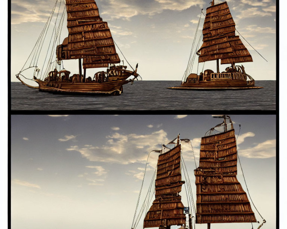 Illustrations of old sailing ships with multiple sails on a calm sea in sepia tone