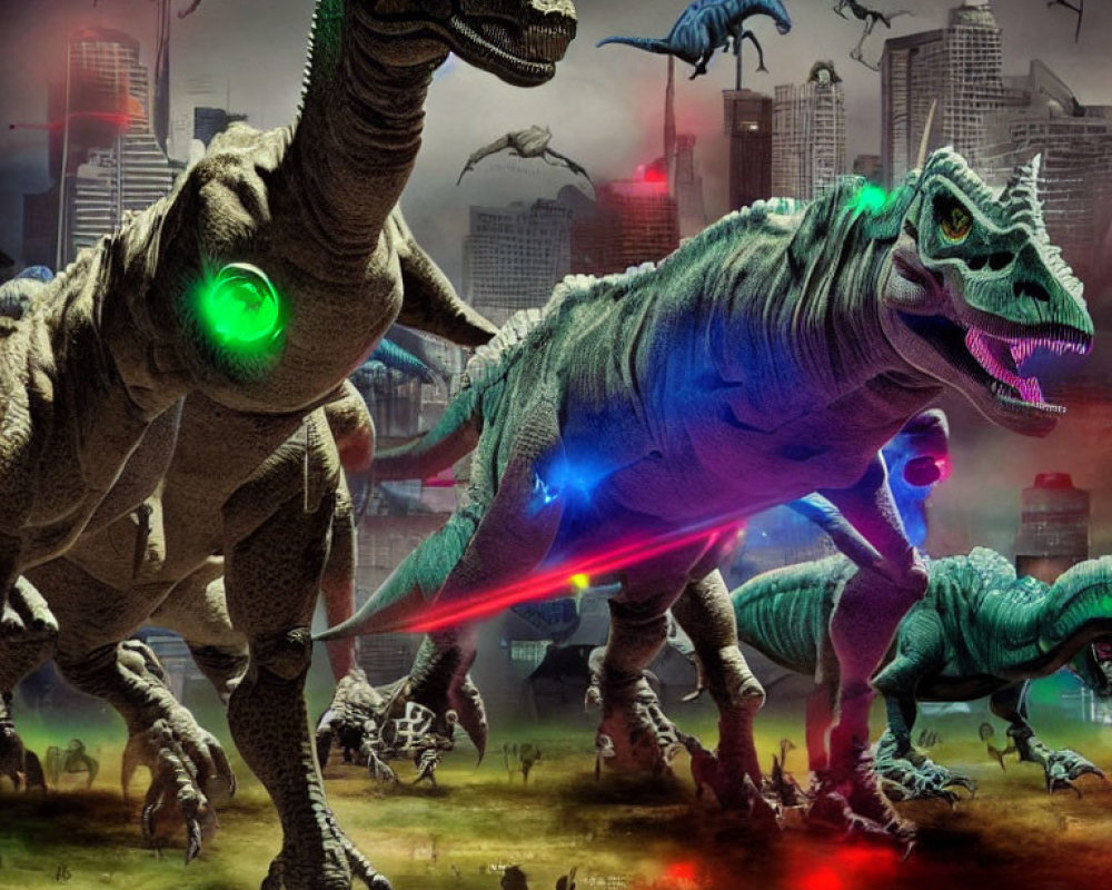 Dinosaurs with futuristic gear fight in ruined cityscape