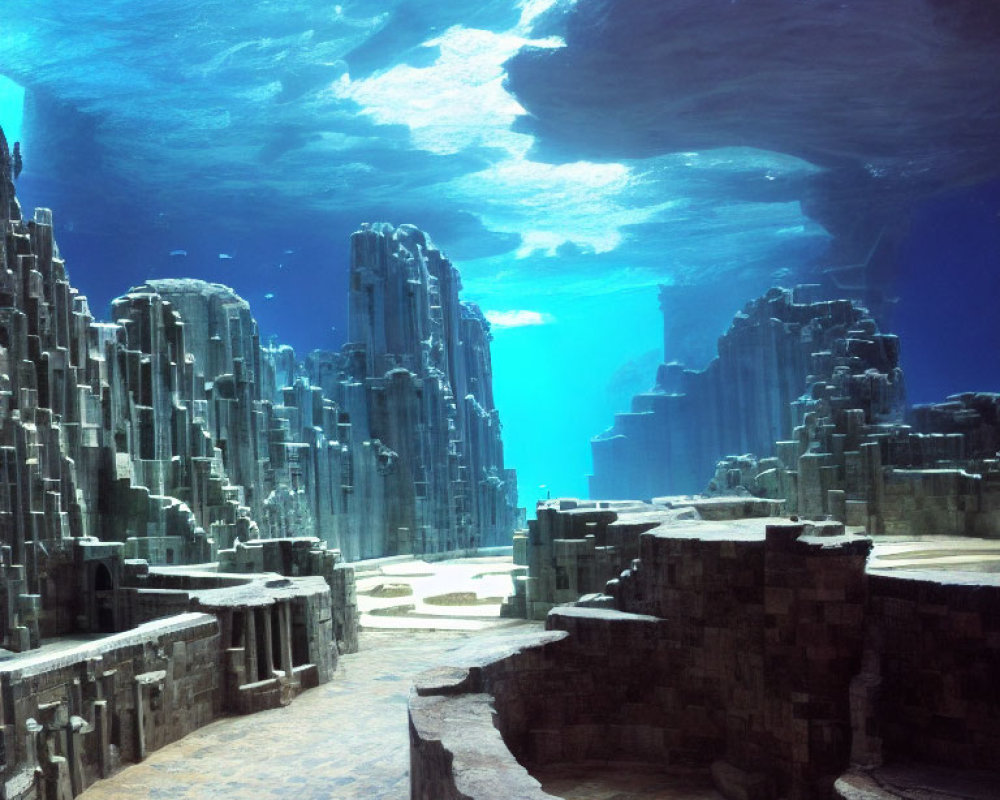 Underwater City with Geometric Rock Formations and Sunlight Illumination