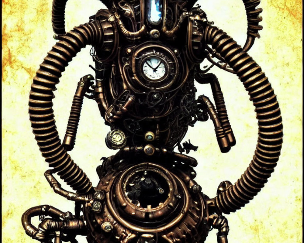 Mechanical Steampunk Device with Clock Face on Yellow Background