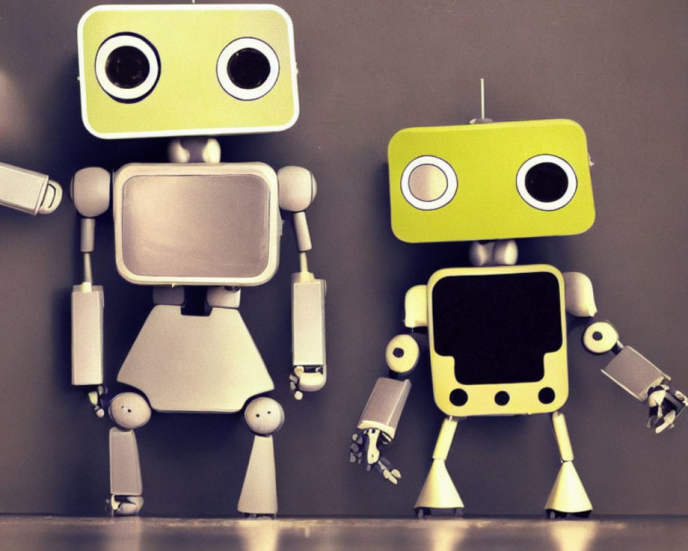 Stylized square-headed robot characters on grey background