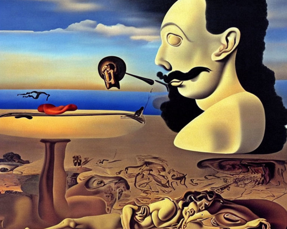 Surrealistic painting of large face, desert landscape, distorted figures, and optical illusions in muted