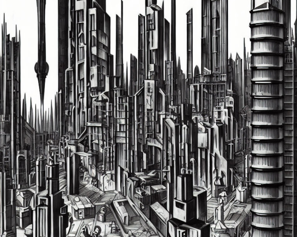 Futuristic monochrome cityscape with towering skyscrapers