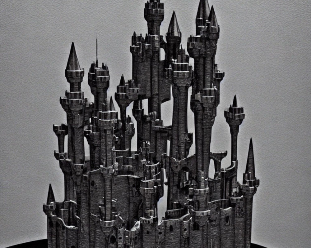 Detailed grayscale model castle with multiple towers and turrets on plain background