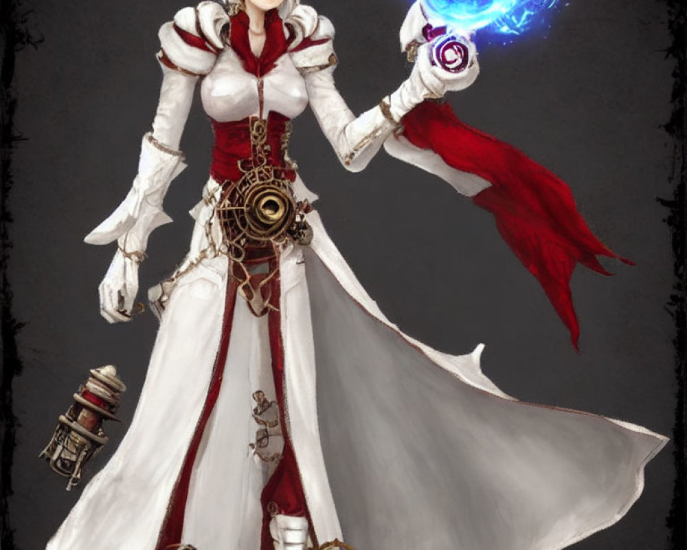 Fantasy character in white and red outfit with glowing blue orb and intricate gear details