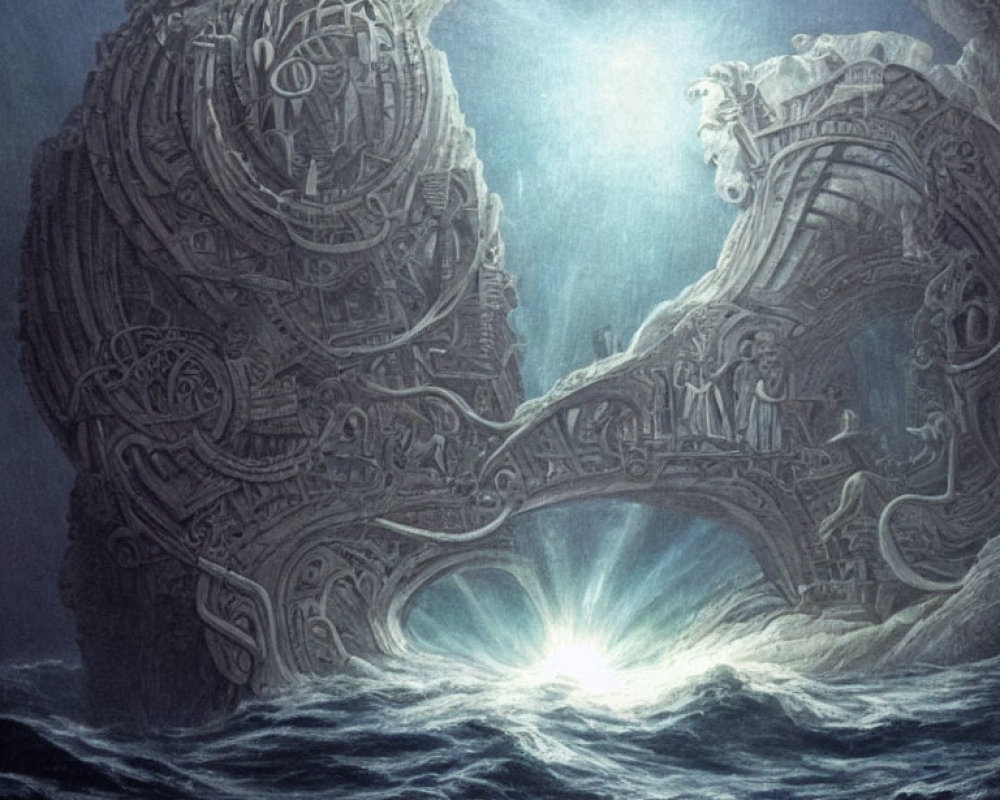 Fantastical seascape with giant gear and intricate carvings in turbulent waters