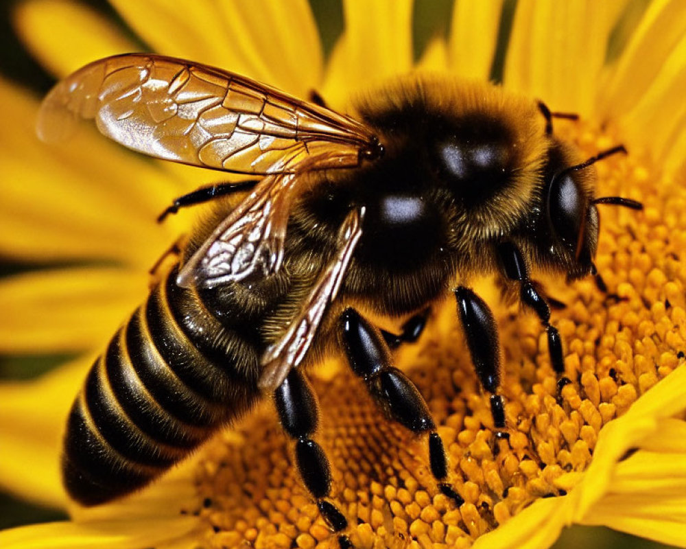 Close-up of bee gathering pollen on vibrant yellow sunflower