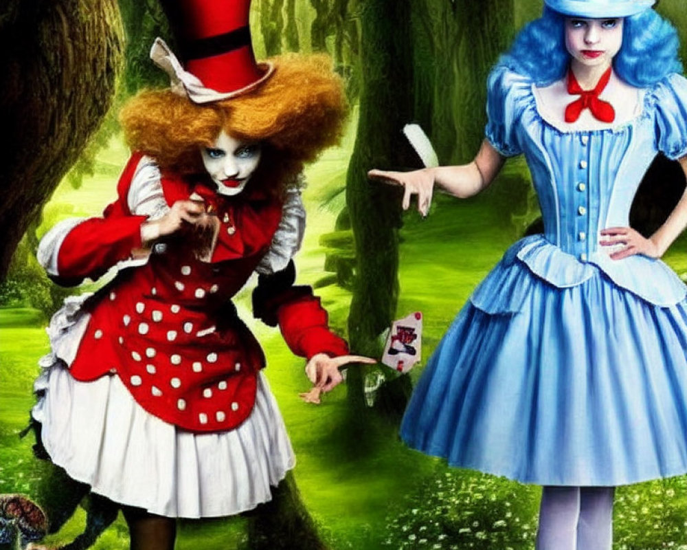 Elaborate "Alice in Wonderland" character costumes in whimsical forest setting