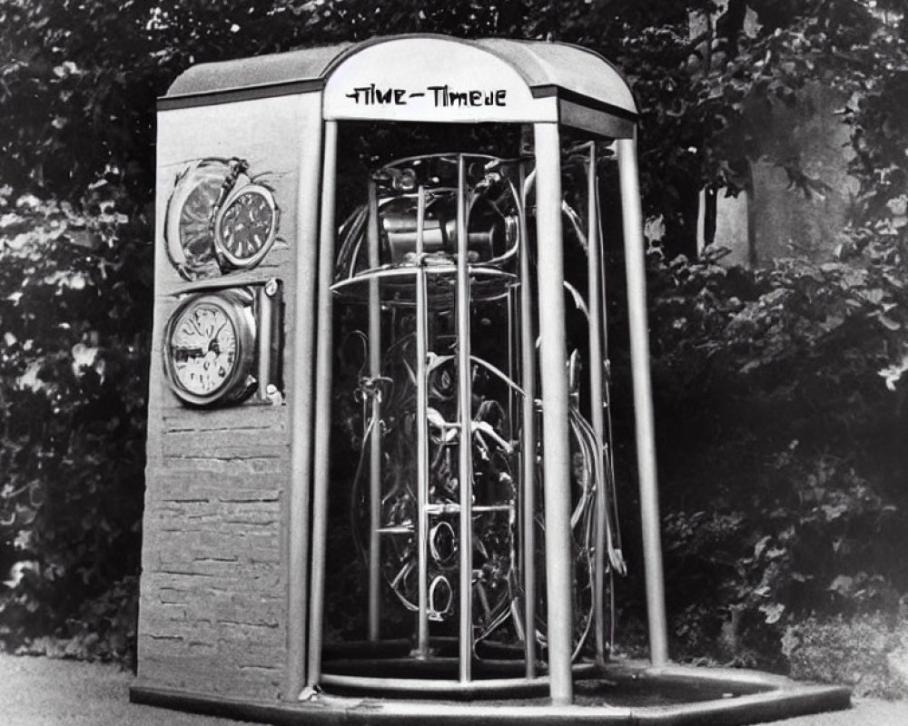 Vintage black-and-white photo of a whimsical cylindrical time machine with clocks against leafy backdrop