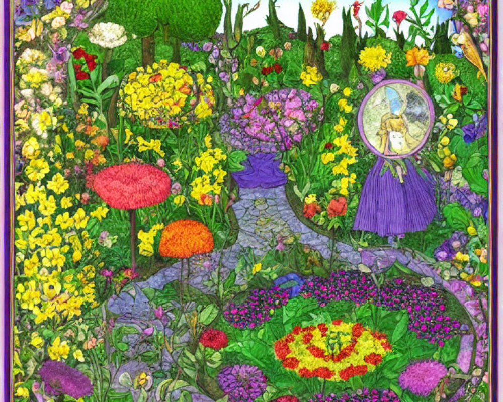 Colorful garden illustration with flowers, cobblestone path, and fairy figure