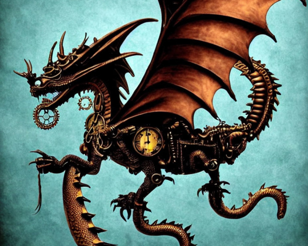 Steampunk-style Mechanical Dragon Illustration on Blue Textured Background