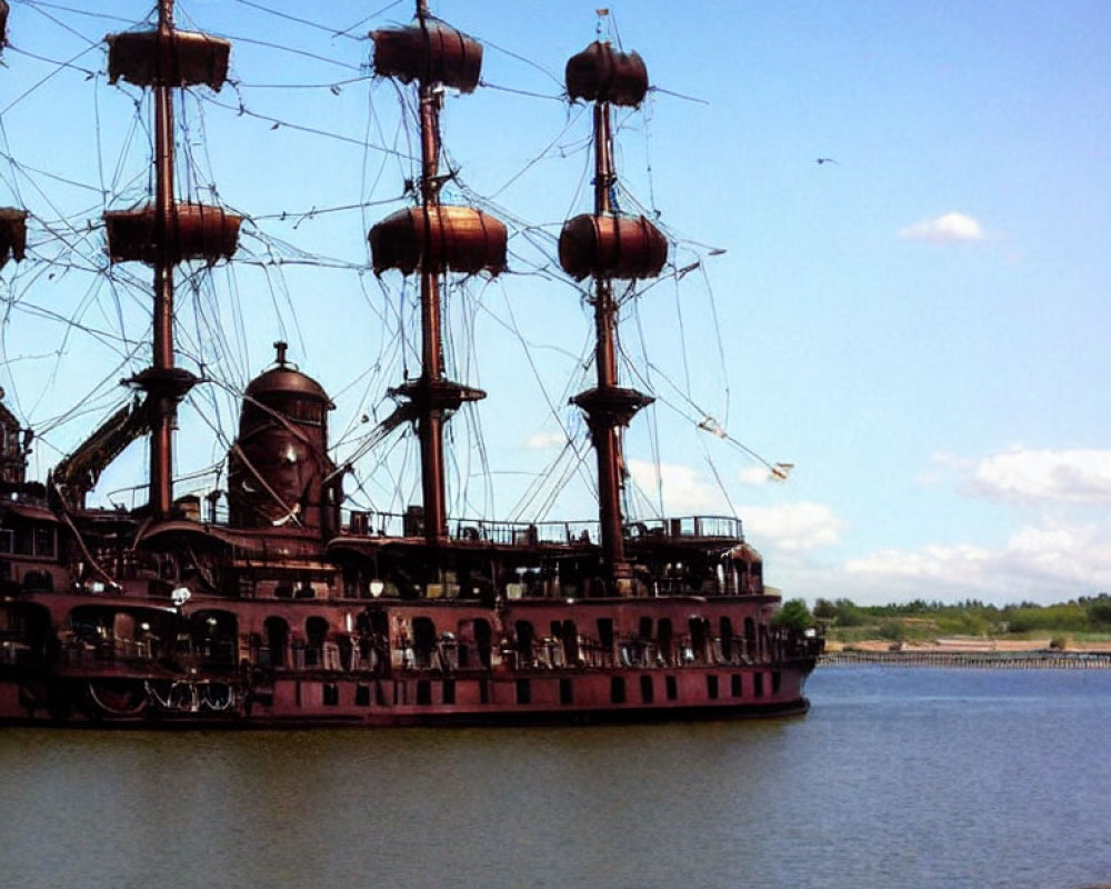 Ornate wooden ship with multiple masts and sails on calm water