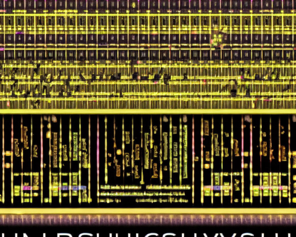 Digital glitch art with distorted alphanumeric sequence on yellow and purple background