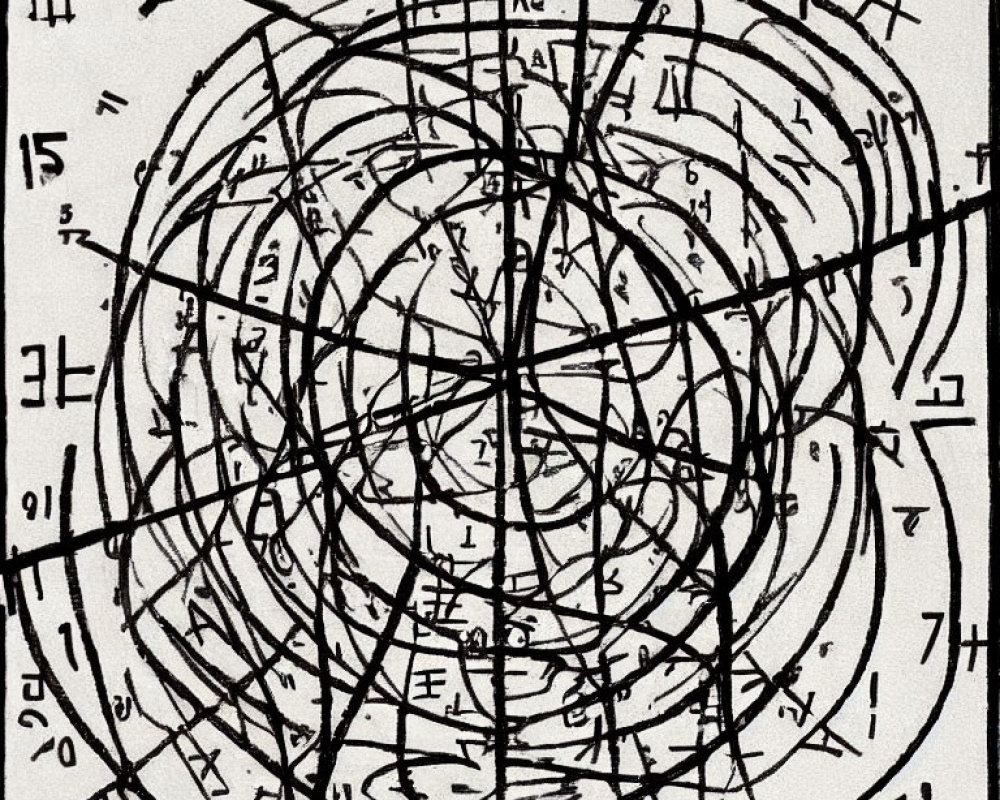 Abstract Drawing with Overlapping Circles, Lines, Symbols, and Numbers