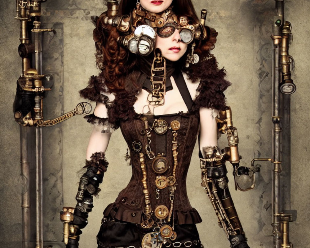 Steampunk-themed woman with intricate outfit and mechanical accessories