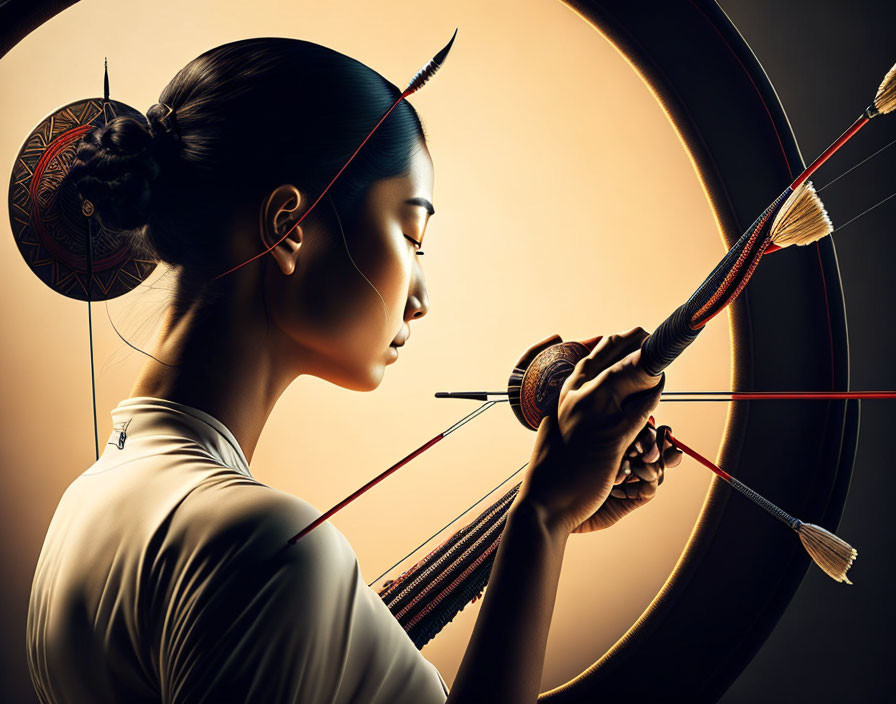 Traditional hair bun woman aiming bow and arrow in profile view