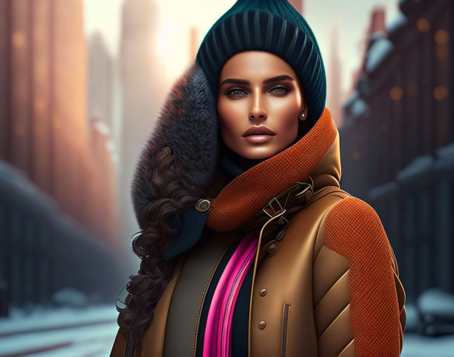 Fashionable Woman in Winter Outfit with Green Beanie and Orange Scarf