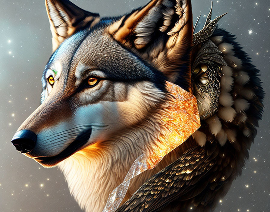 Digital art of wolf and owl fusion with crown on starry backdrop