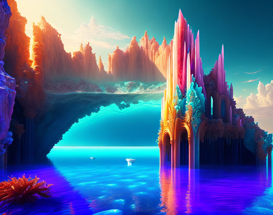 Majestic pink and turquoise crystalline structures in fantasy landscape
