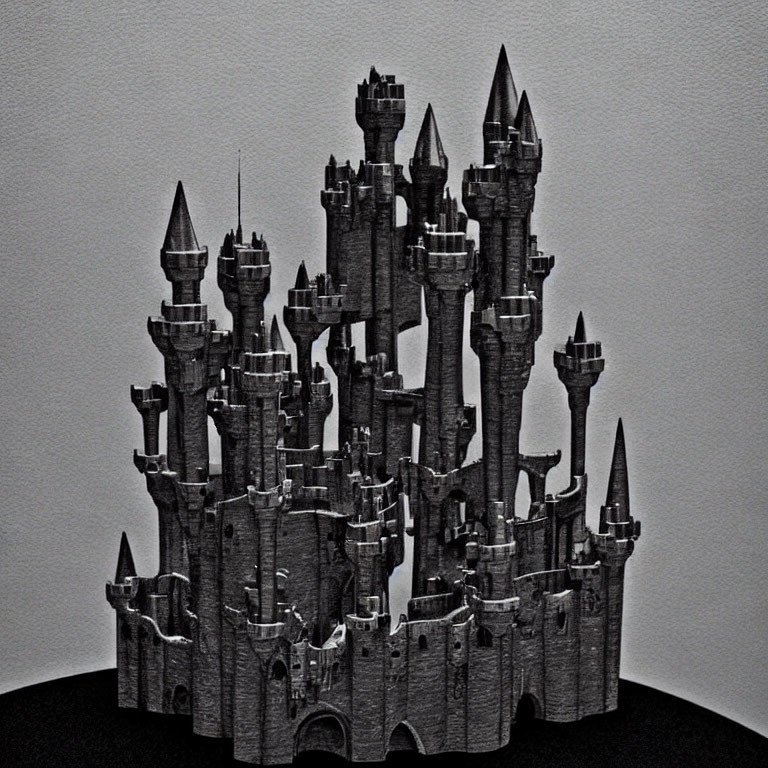 Detailed grayscale model castle with multiple towers and turrets on plain background