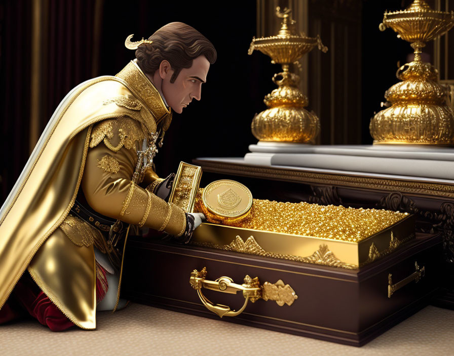 Animated character in opulent room with gold coins in open chest