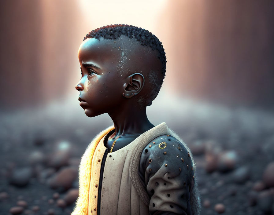 Pensive child with short hair in warm-hued backdrop