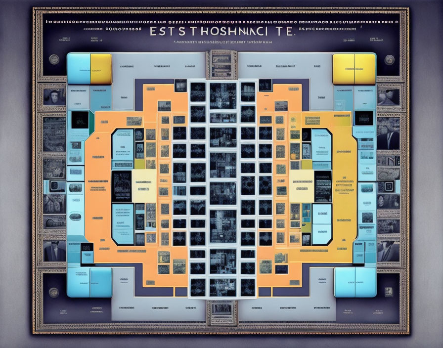 Intricate board game graphic with blue and orange squares in ornate border