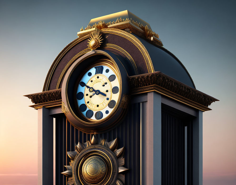 Ornate Clock Tower with Roman Numerals and Gold Accents at Twilight