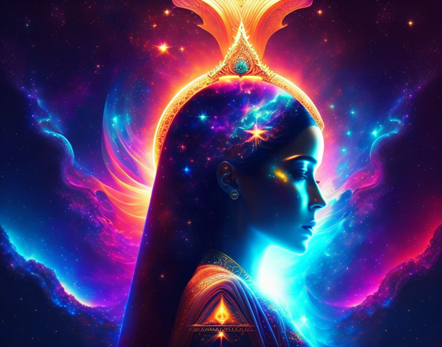 Colorful digital artwork of woman's profile with cosmic and mythical elements