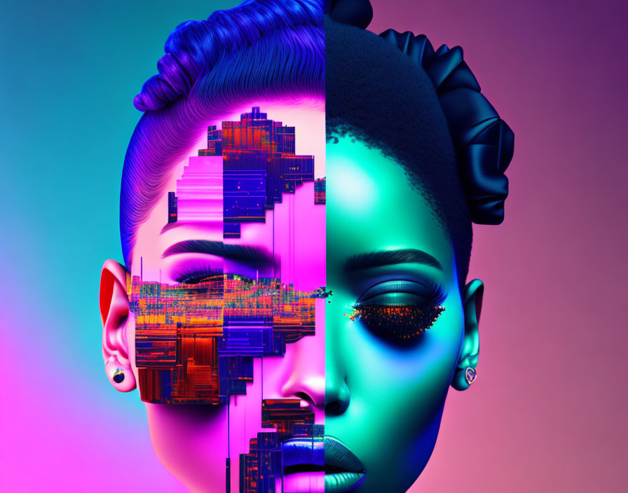 Digital artwork: Split-face portrait of woman with modern hairstyle and abstract cityscape within profile