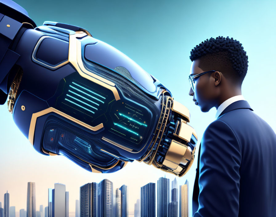 Businessperson in suit meets giant robotic hand in city skyline scene.