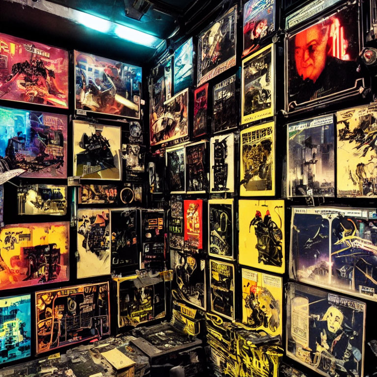 Dimly Lit Room with Colorful Movie Posters and Neon Signs