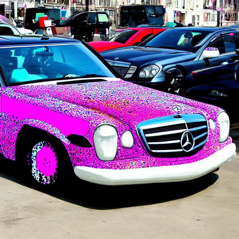Pink spotted car resembling Mercedes in parking lot.
