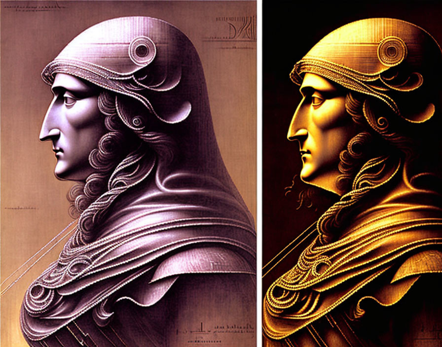 Classical armor portraits: man facing left and right with intricate helmet designs.