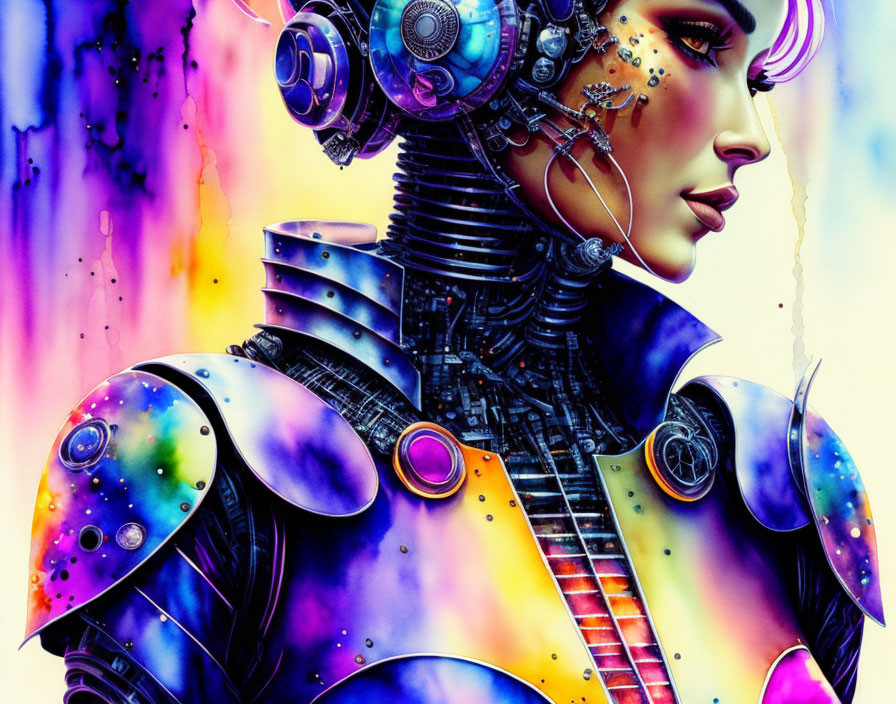 Female cyborg with intricate armor and helmet on colorful background