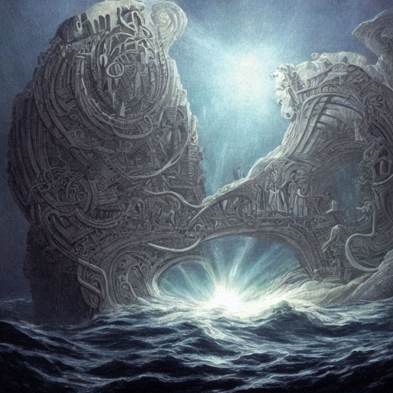 Fantastical seascape with giant gear and intricate carvings in turbulent waters