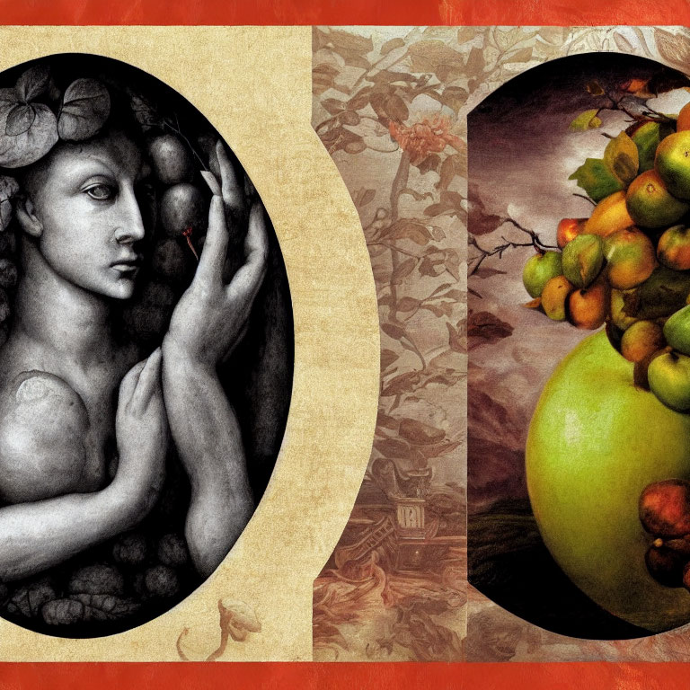 Collage with Monochrome Sketch and Colorful Still Life of Fruit