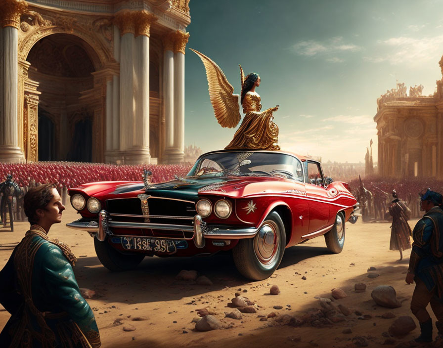 Surreal desert landscape with red classic car, winged warrior statue, guards, and ancient temple