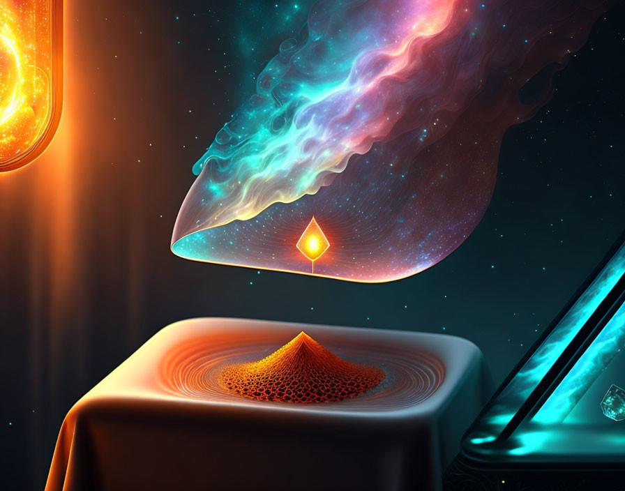 Surreal image of fiery droplet, sand structure, space whale, celestial bodies